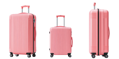 A pink suitcase shown from multiple angles on a white background.