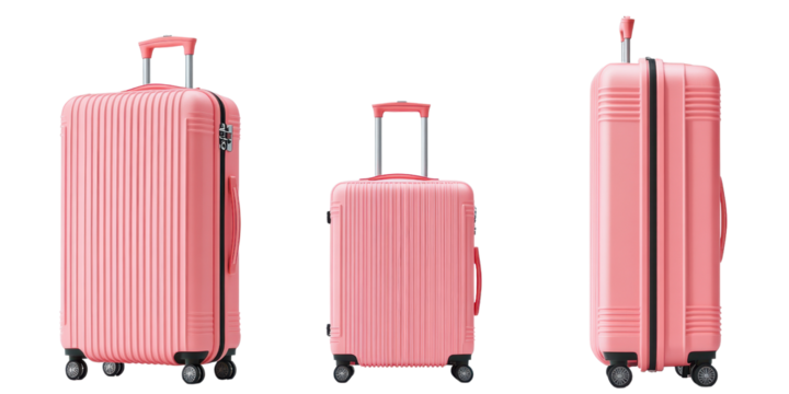 A pink suitcase shown from multiple angles on a white background.