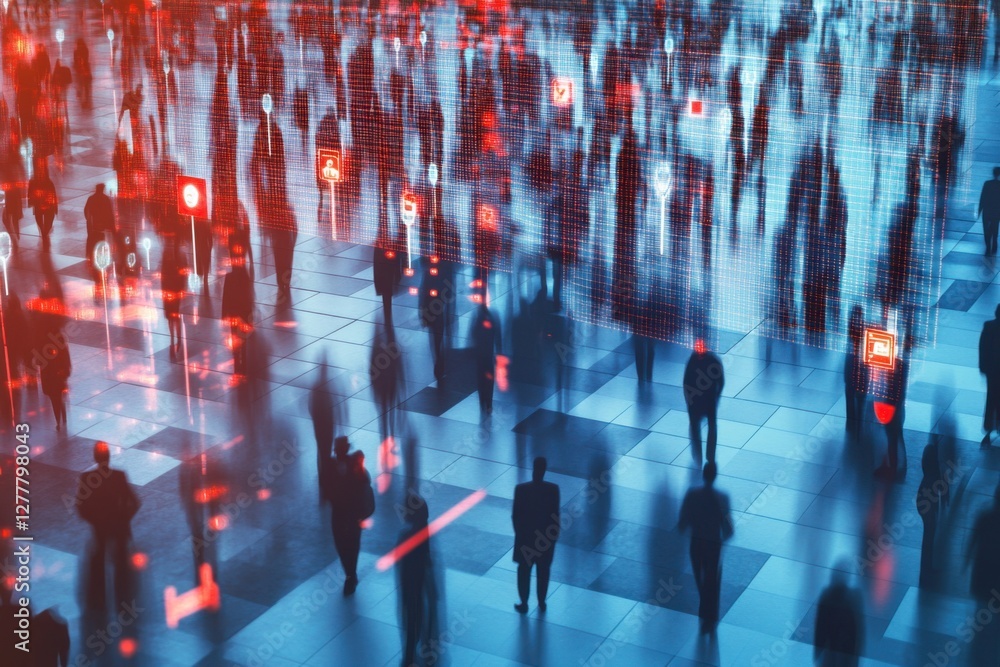 Poster security ai system analyzes faces in crowded public space with data overlays