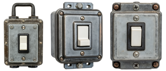 Three metal electrical switches isolated with transparent background