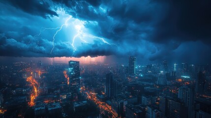 Obraz premium Dramatic Thunderstorm Over a City Skyline with Lightning Striking During Nighttime
