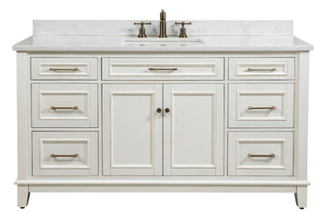 White Bathroom Vanity with Sink and Storage Drawers isolated with transparent background