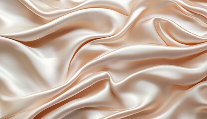 Fototapeta premium Draped peach silk fabric texture, studio shot, background blur, design use