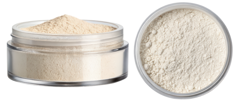 Loose Powder Makeup in Clear Plastic Jar isolated with transparent background