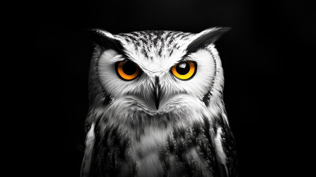 Majestic owl with striking orange eyes and detailed feathers, captivating presence