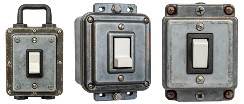 Three metal electrical switches isolated with transparent background