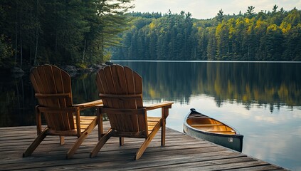 Lakeside Adirondack chairs on dock overlooking calm water