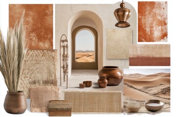 Sophisticated moodboard featuring a warm earthy color palette in evening light