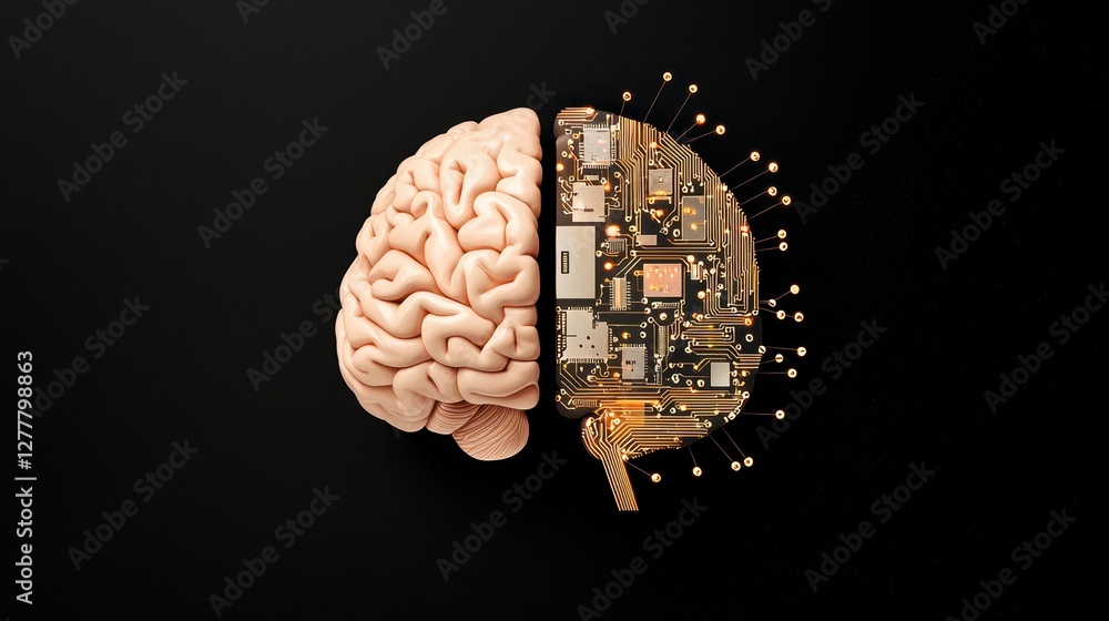 Poster a human brain morphing into a digital brain composed of circuits and data, representing the converge