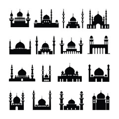 Hand Drawn Set of Mosque Silhouettes for Islamic Design Vector Illustration.