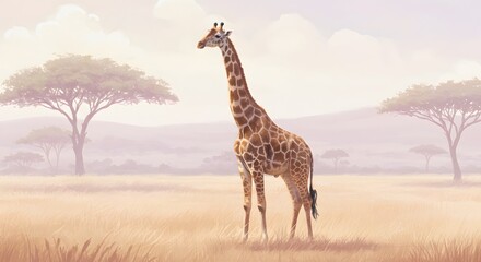 Obraz premium Giraffe Standing in African Savannah Grasland with Acacia Trees Painting