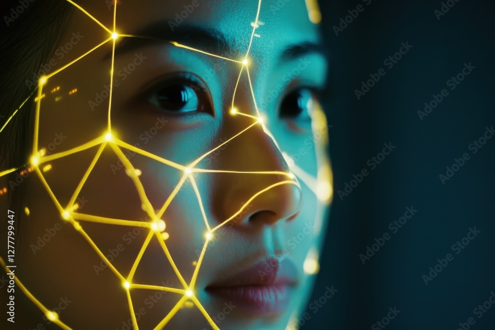 Poster illuminated facial features with digital grid in ai face recognition concept