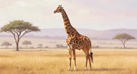 Obraz premium Giraffe Standing Tall in African Savannah with Trees and Distant Hills