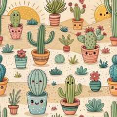 Charming Cactus Garden Desert Landscape Illustrative Art Vibrant Environment Whimsical Viewpoint Nature Concept