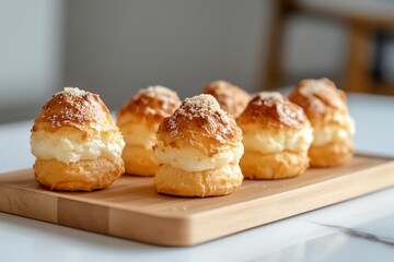 Five crisp choux buns with parmesan crust on a modern light wood tray. Minimal, elegant fine dining shot perfect for gourmet ads and food blogs.