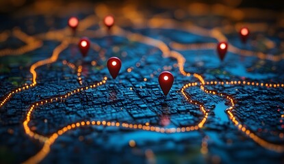 Digital Map Display with Red Pins and Blue Lines Highlighting Routes, Ideal for Travel Blogs, Navigation Apps, and Geographic Information Systems