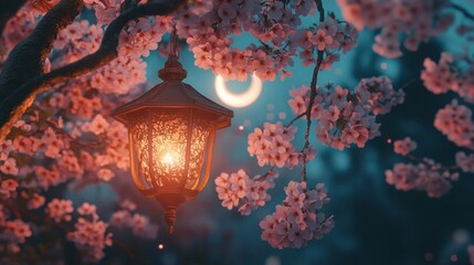 Glowing Lantern Among Cherry Blossoms at Night