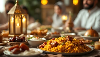 A festive iftar dinner featuring mutton biryani, raita, and gulab jamun, with family gathered around lanterns and date palms