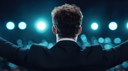 A charismatic leader delivering an inspiring speech to a large crowd, with raised arms and a passionate expression, motivating and uniting the audience.