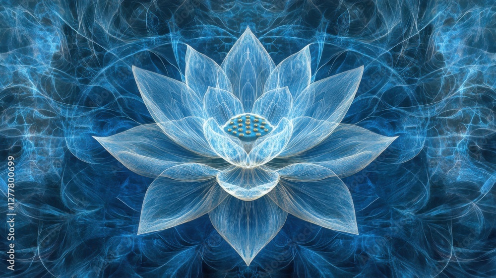 Poster ethereal blue lotus flower with intricate patterns on a vivid background of light and color