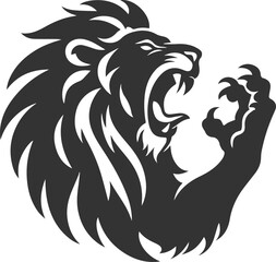 Silhouette of a lion roaring loudly with its claws extended