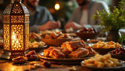 Naklejka premium A vibrant Ramadan setting showcasing baklava, date palms, and lanterns during a family gathering for iftar and suhoor