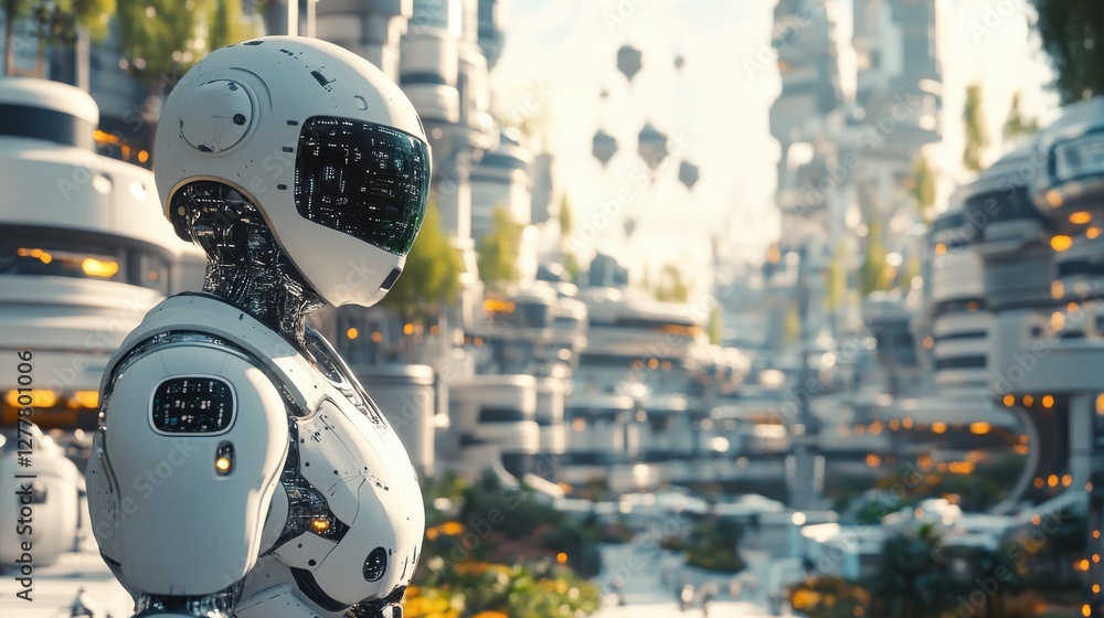 Poster futuristic robot in a high-tech urban environment with advanced architecture and lush vegetation