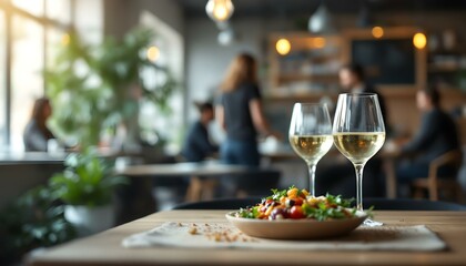 A neatly organized table in a cafe, presenting multiple food platters and drinks for a business meeting