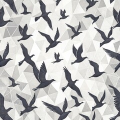Flock of Black Birds Flying Over Geometric Background Nature Illustration Abstract Design Digital Art Aerial View Freedom Concept