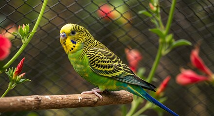 Fototapeta premium Green and Yellow Budgerigar Perched on Branch with Red Flowers Nearby