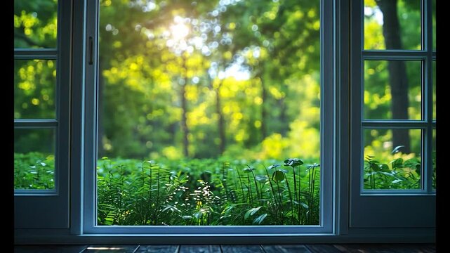 Tranquil view of a sunlit forest through an open window showcasing nature