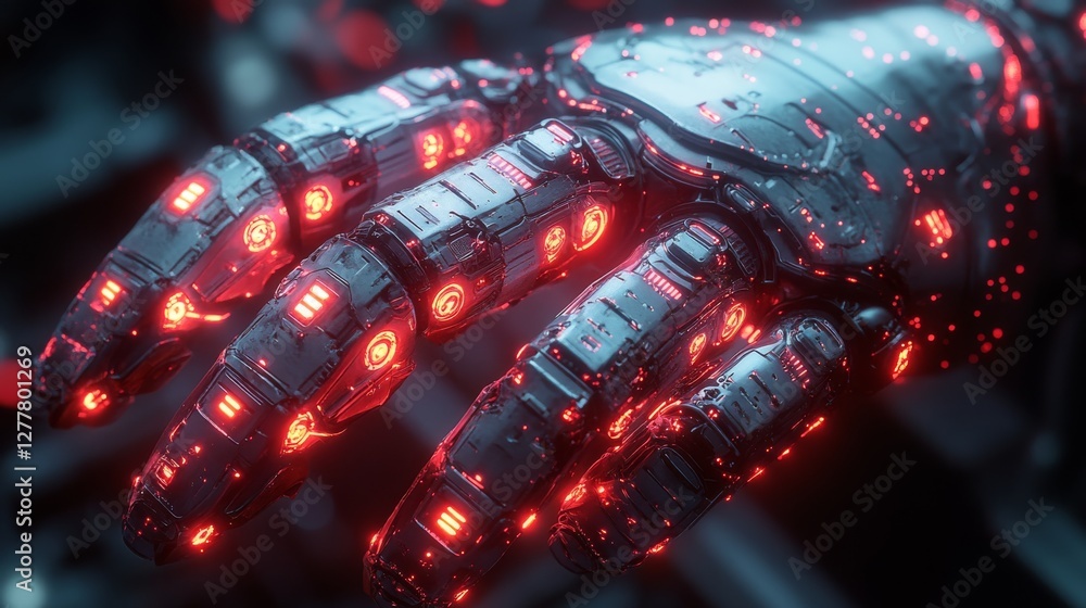 Poster futuristic robotic hand with glowing red elements and tech details