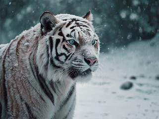 A Royal Bengal Tiger Looks Menacing in the Snow-Covered Forest. 