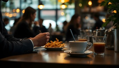 A business gathering at a cafe table, showcasing multiple plates of food and drinks for attendees