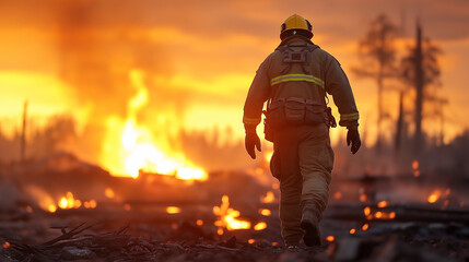 Embers of Determination - A lone figure in protective gear walks toward the smoldering ruins, ready to rebuild from destruction. Working for the benefit of people and society using