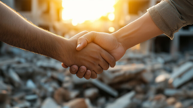 A Helping Hand - Two strangers clasp hands, lifting each other up from the rubble, proving that humanity stands together. Working for the benefit of people and society using copy s