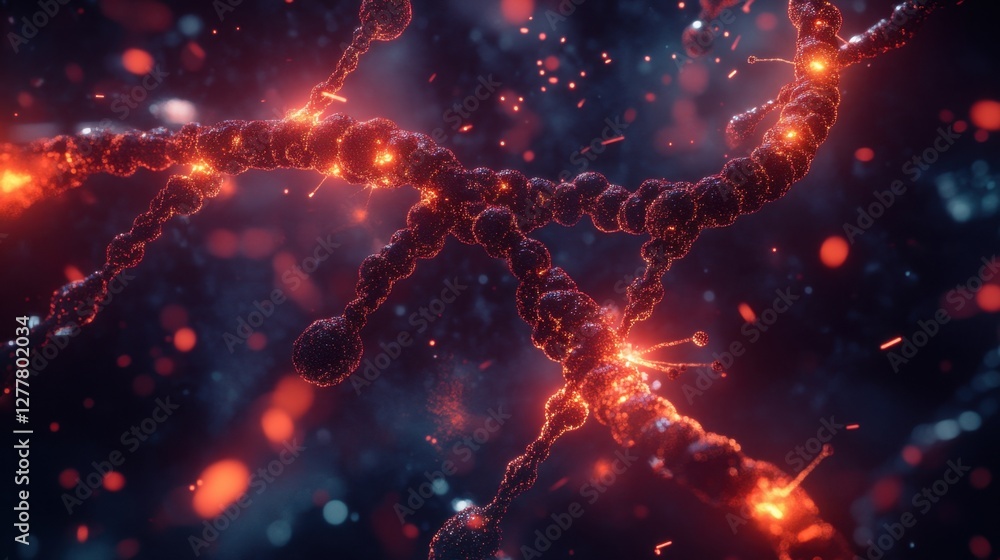Poster a zoomed-in 3d view of a dna strand with glowing connections and particles, symbolizing advancements