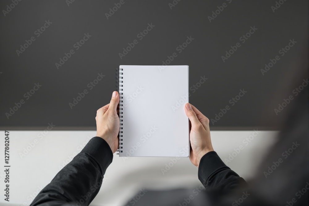 Poster closeup of hands holding empty spiral notebook with blank pages on dark background. concept of templ