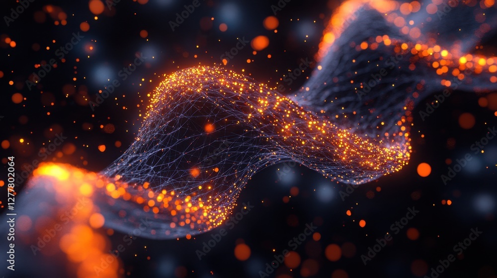 Poster a zoomed-in 3d view of a dna strand with glowing connections and particles, symbolizing advancements