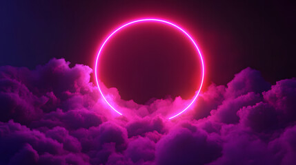 Fototapeta premium Ethereal pink neon circle glowing above vibrant purple cloudscape; abstract digital art, futuristic background.
