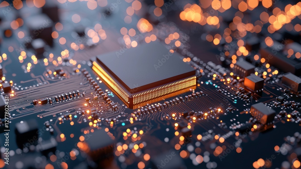 Poster a close up of a computer circuit board with glowing leds, symbolizing processing power and the rapid