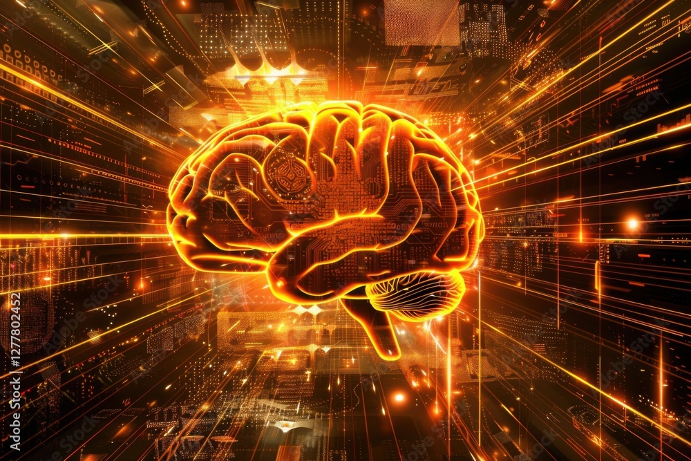 Poster fusion of human brain and ai chip with vibrant data streams in futuristic design