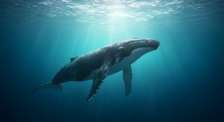 Fototapeta premium Humpback Whale Swimming Gracefully Underwater with Sun Rays Shining Through