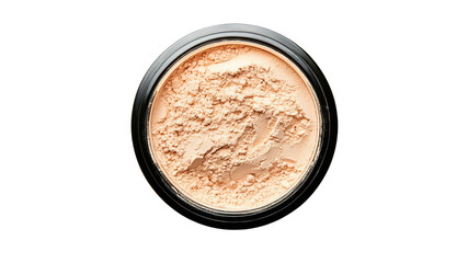 Black container of loose powder on white