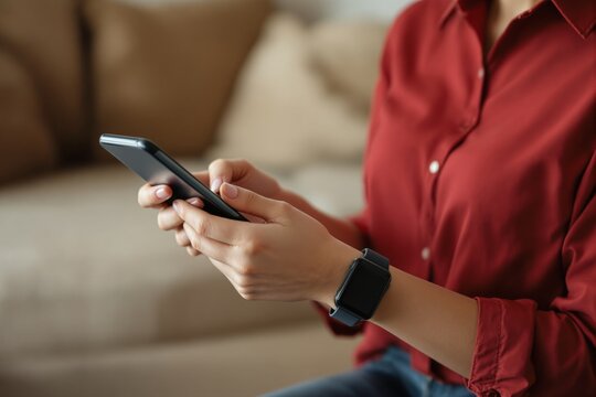 Close-up of woman's hands holding smartphone while wearing smartwatch, sitting on couch. Cozy home background. Technology and communication concept. Ai generative - Powered by Adobe