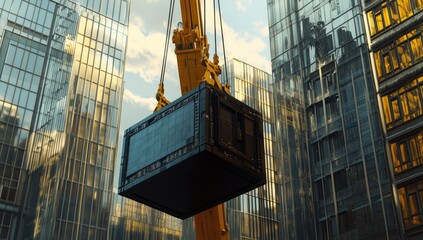 Crane lifts container in city construction
