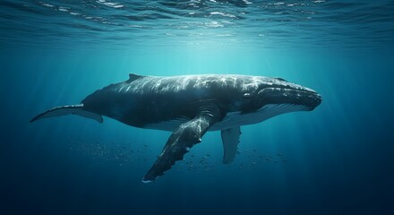 Humpback Whale Swimming Gracefully Underwater with Sun Rays and Fish