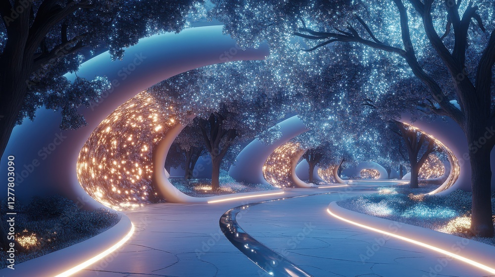 Poster serene nightscape with luminescent pathways and magical trees in an enchanted urban setting