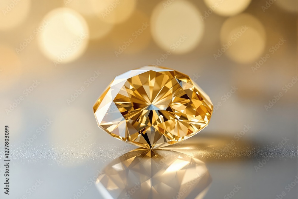 Poster golden diamond with intricate facets on a reflective surface, sparkling against a soft bokeh backgro