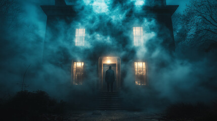 Mystery House: Mysterious silhouette stands before an eerie old house engulfed in a thick, atmospheric fog. The scene evokes a sense of foreboding, suspense, and the unknown.